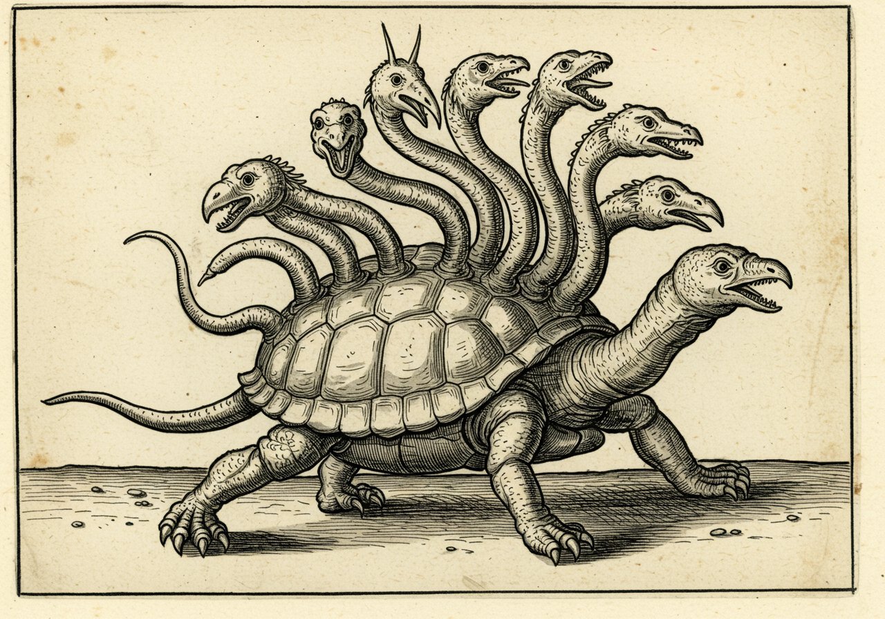 An archaic-atlas monster plate illustrating Agens autonomus, the Autonomous Agent — a multi-armed worker-beast with six or eight arms each carrying a different tool, eyes on stalks, tethered to a server-rack base