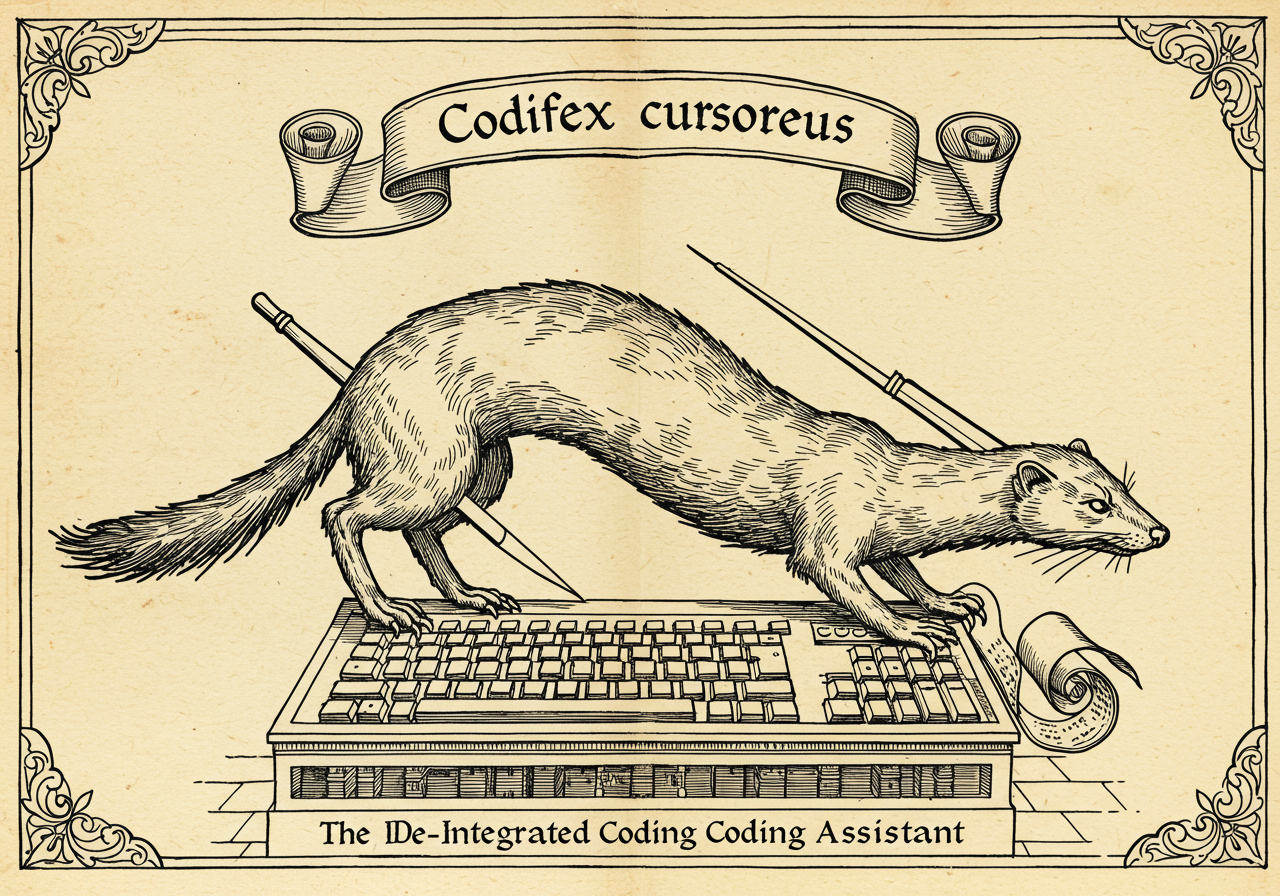 An archaic-atlas monster plate illustrating Codifex cursoreus, the IDE-Integrated Coding Assistant — a quick-darting elongated creature with a stylus-quill appendage, emerging from a keyboard-shaped plinth