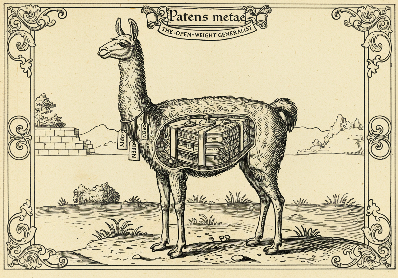 An archaic-atlas monster plate illustrating Patens metae, the Open-Weight Generalist — a llama-shaped beast shown in cross-section to reveal its layered weights, tags reading OPEN around its neck