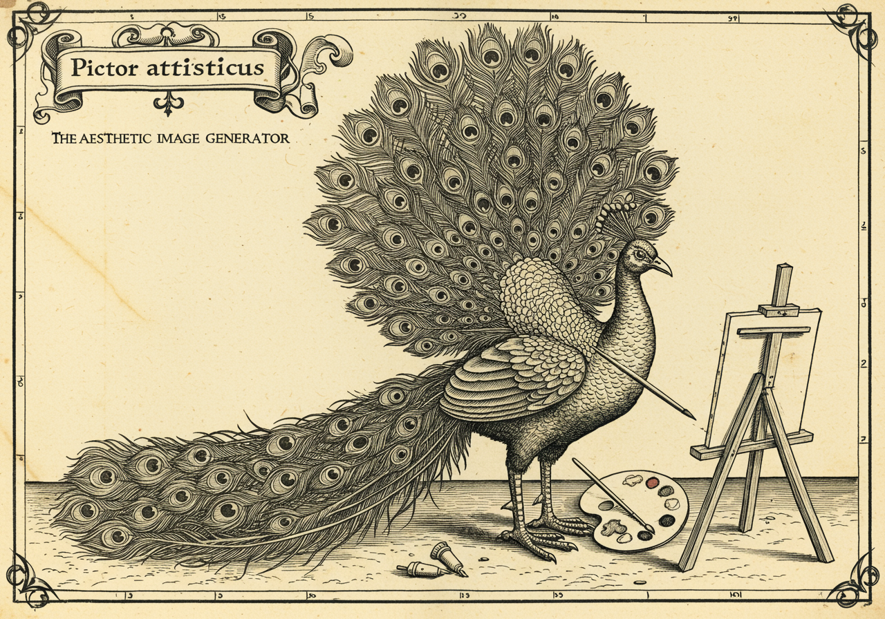 An archaic-atlas monster plate illustrating Pictor aestheticus, the Aesthetic Image Generator — a peacock-and-bird-like creature with elaborate plumage, a brush-appendage, and a palette of pigments at its feet