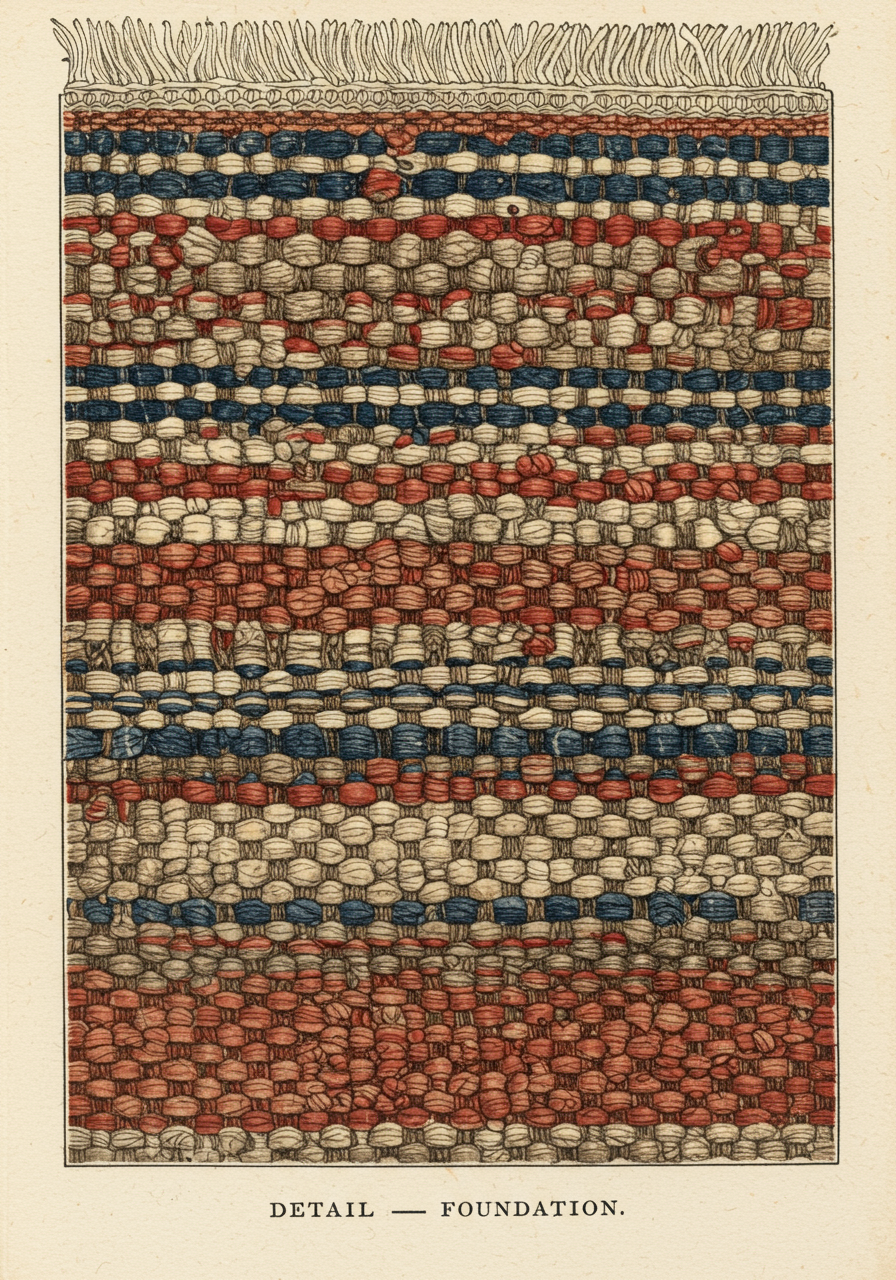 A close detail of a Bakshaish knot-back — looser symmetric knot at village density, cotton warp with hand-spun unevenness, heavy wool weft in alternating bands