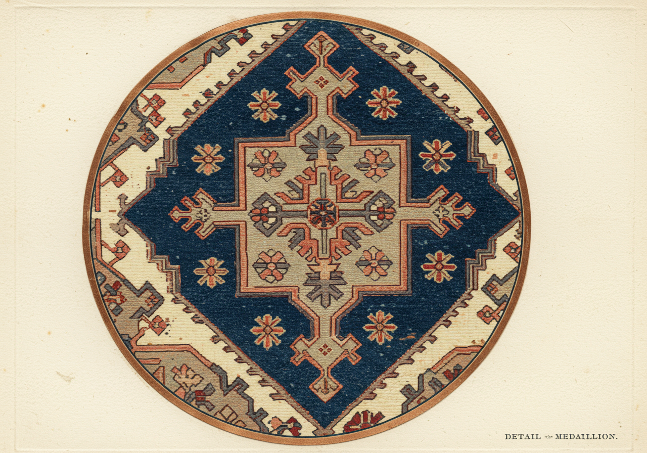 A close detail of a Bakshaish archaic medallion — stepped polygonal outline at large scale on cream / faded-madder ground, with visible weaver's-hand irregularity
