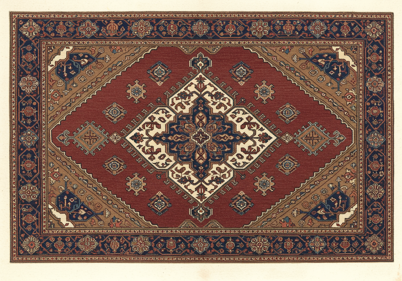 A Hamadan rug — the village production from the city to the south of Bidjar, single-weft Hamadan construction, rust / camel earth-tone palette, looser knot and lighter handle than Bidjar