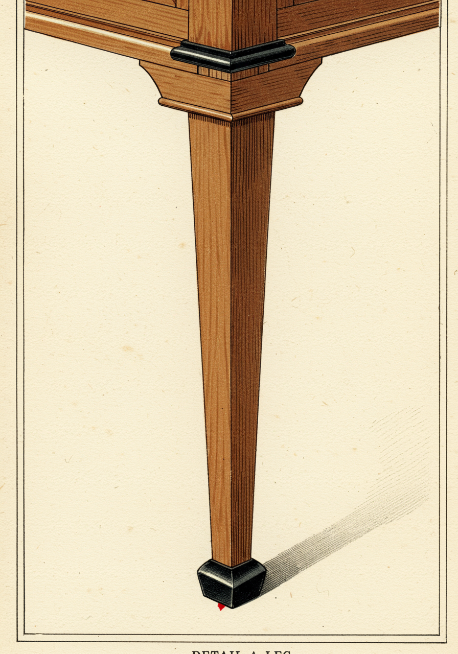 A close detail of a Biedermeier saber leg or tapered architectural leg — straight, square in section, with restrained ebonized accent at top and bottom, terminating in a small simple foot