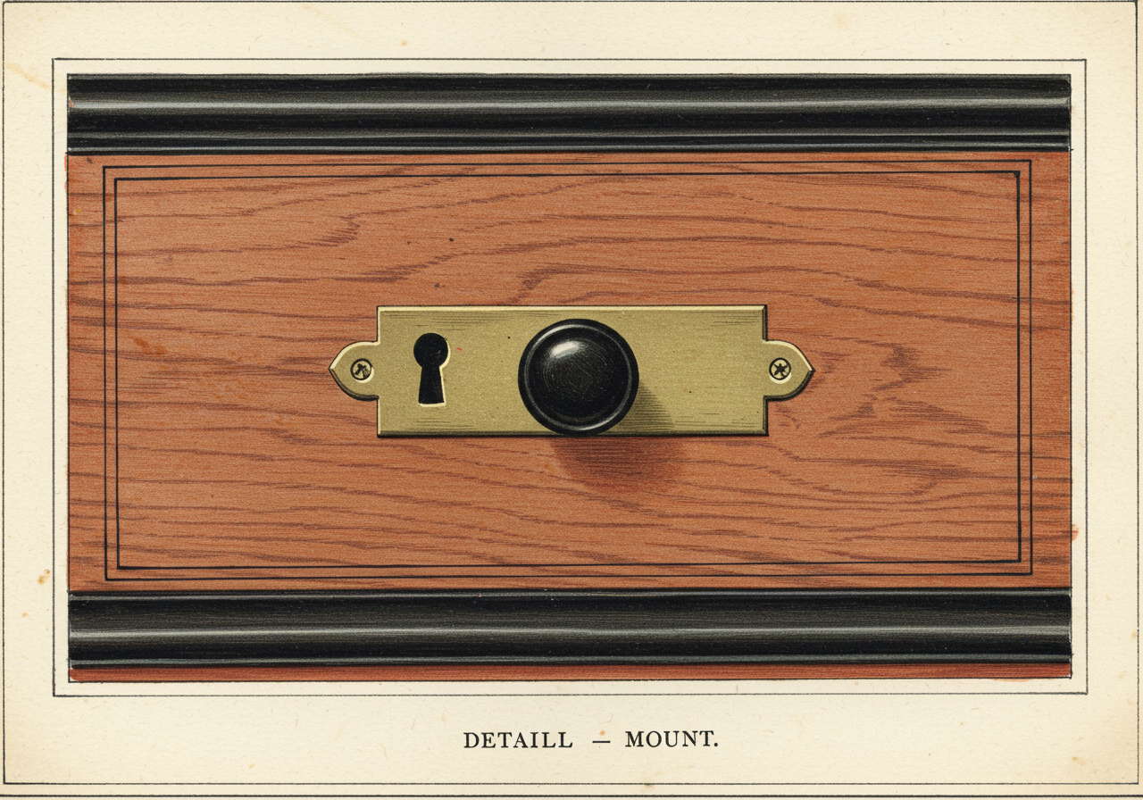 A close detail of Biedermeier hardware — small brass escutcheon and ebony knob on a cherry-wood drawer front, with narrow ebonized banding defining the panel edges