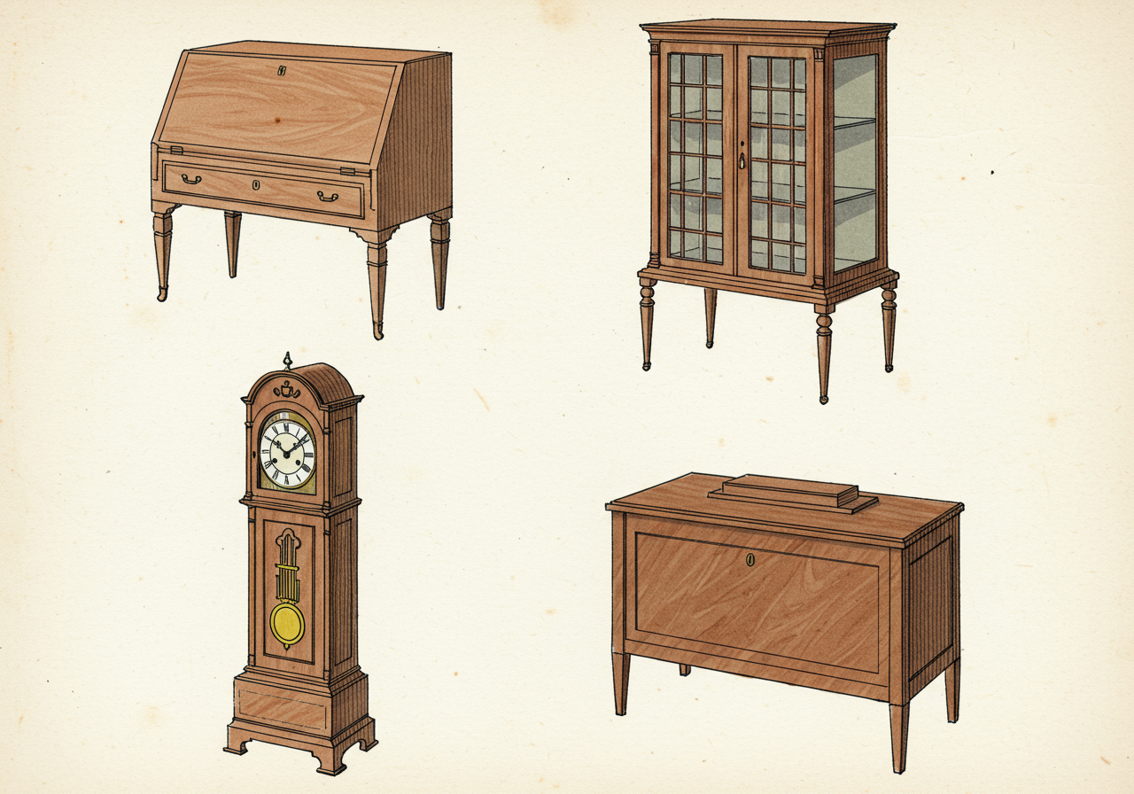 A page from Josef Danhauser's Vienna workshop pattern book — perspective drawings of a Sekretär, a Vitrine, a Standuhr (tall-case clock), and a Nachttisch (bedside cabinet), all in the Biedermeier case-furniture register