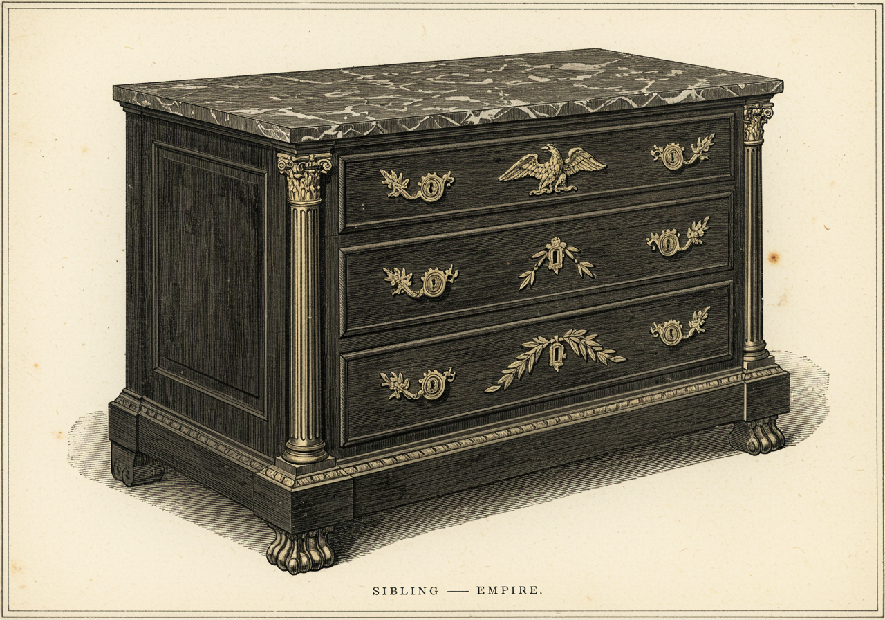 An Empire commode in dark mahogany with heavy gilt-bronze martial mounts, columnar corners with acanthus capitals, lion-paw feet