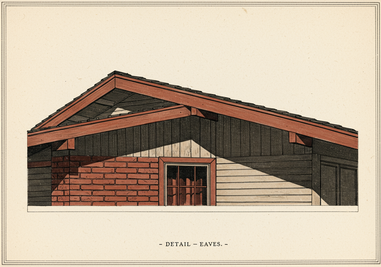 A close detail of California Ranch broad eaves — deep overhanging eaves running the length of a low-pitched gable roof, with exposed rafter tails or a smooth fascia, set against a horizontal wall of mixed materials below