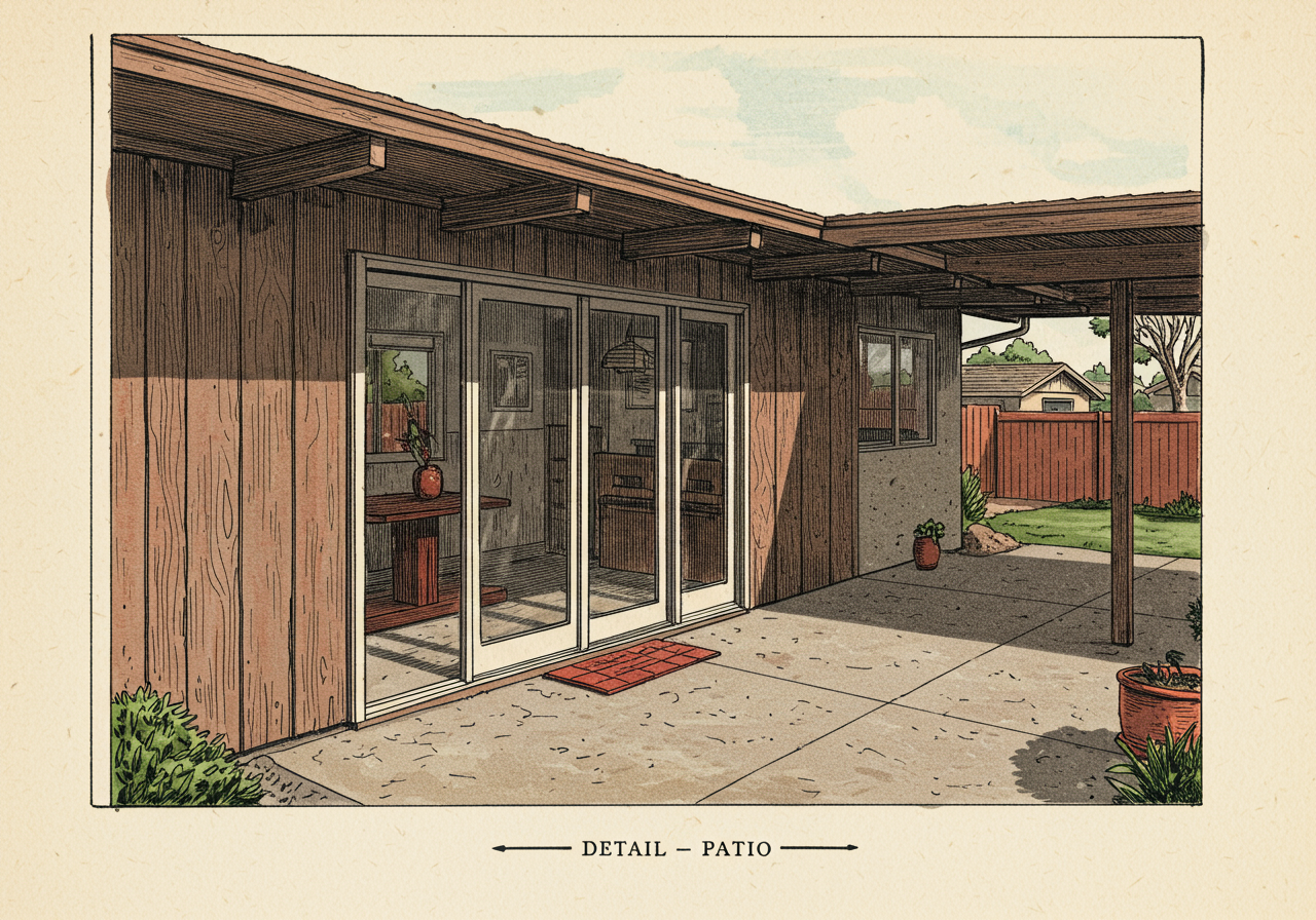 A close detail of the California Ranch rear-patio orientation — sliding glass doors opening from the family room onto a covered patio and rear yard beyond, broad eaves overhead, mixed wall materials