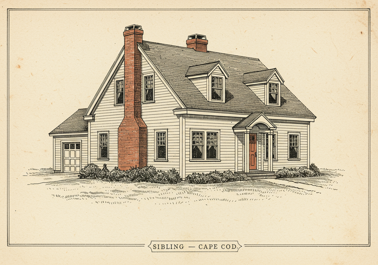 A Cape Cod house — symmetrical one-and-a-half storey colonial-revival cottage form, central chimney, dormer windows, the East Coast mass-market post-war suburban counterpart to the Western Ranch