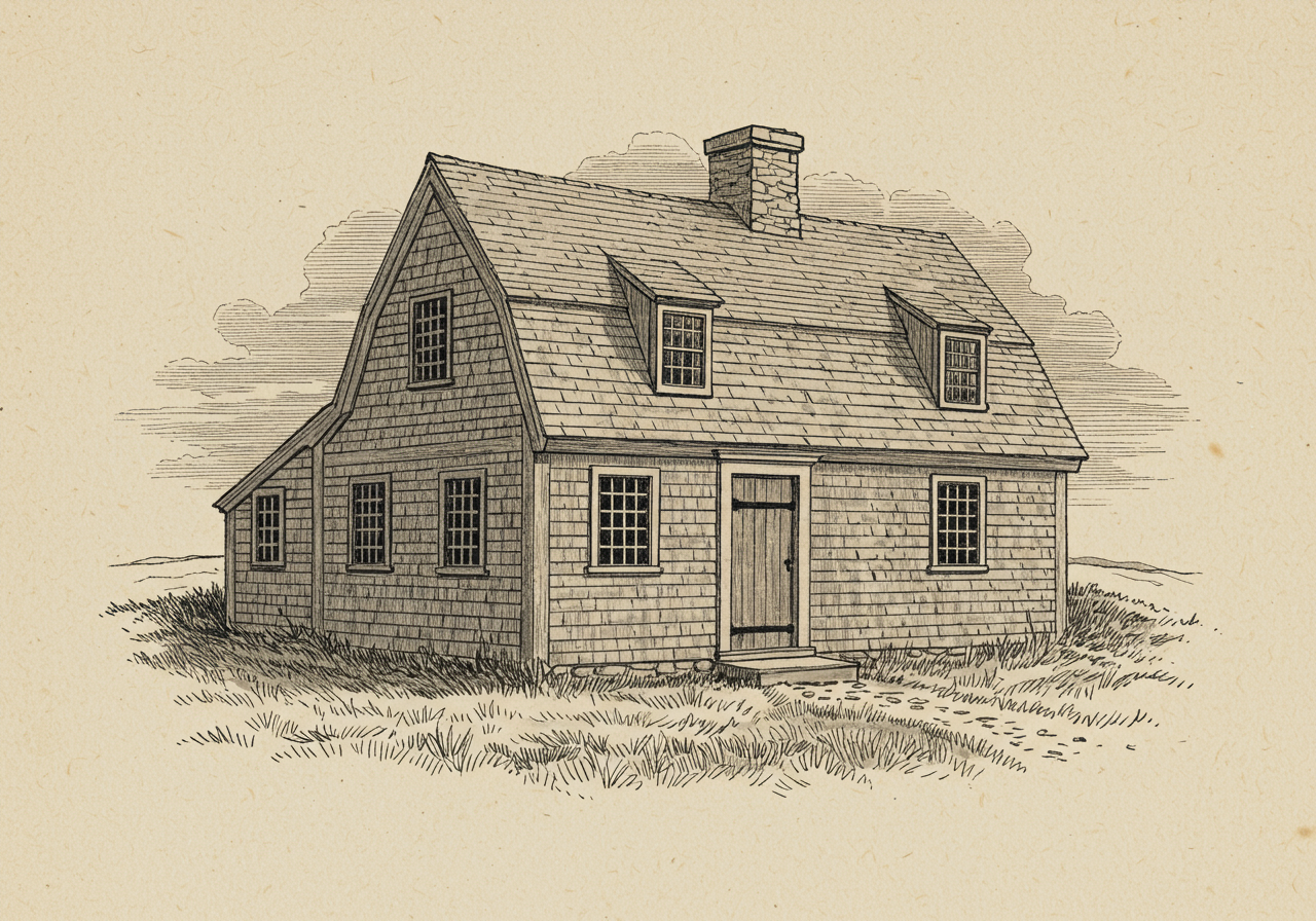 A seventeenth-century Cape Cod original — a small one-and-a-half-storey symmetric clapboard cottage with steep gable roof, massive central chimney, no dormers, weathered cedar shingle walls, small-pane sash windows, in the manner of the surviving 1680-1750 New England coastal-vernacular farmhouses on Cape Cod and the South Shore