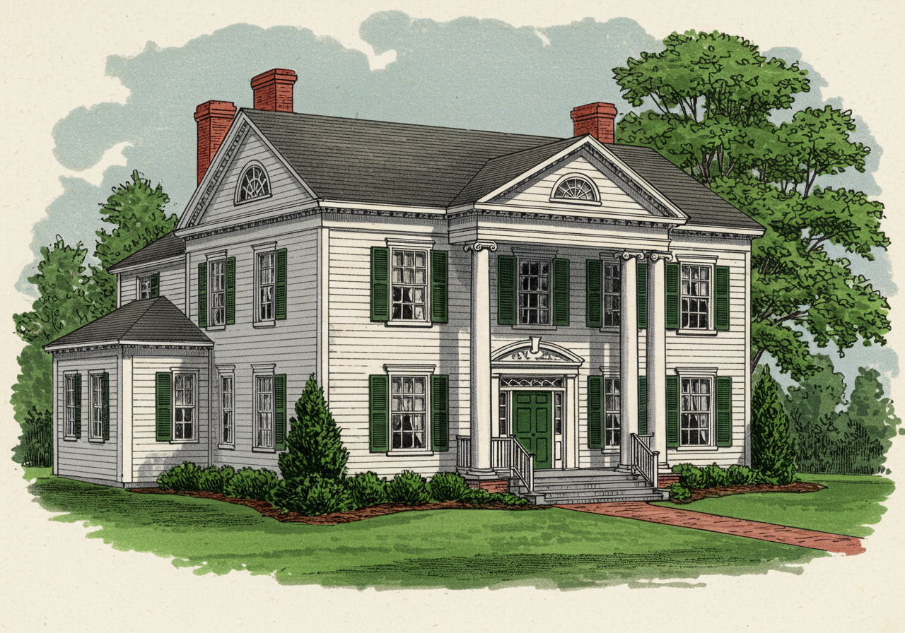 A Colonial Revival house — full two-storey symmetric clapboard or brick house with prominent entrance portico, Palladian fanlight, elaborate cornice and pediment, the inter-war upper-middle commission that the post-war Cape descended from