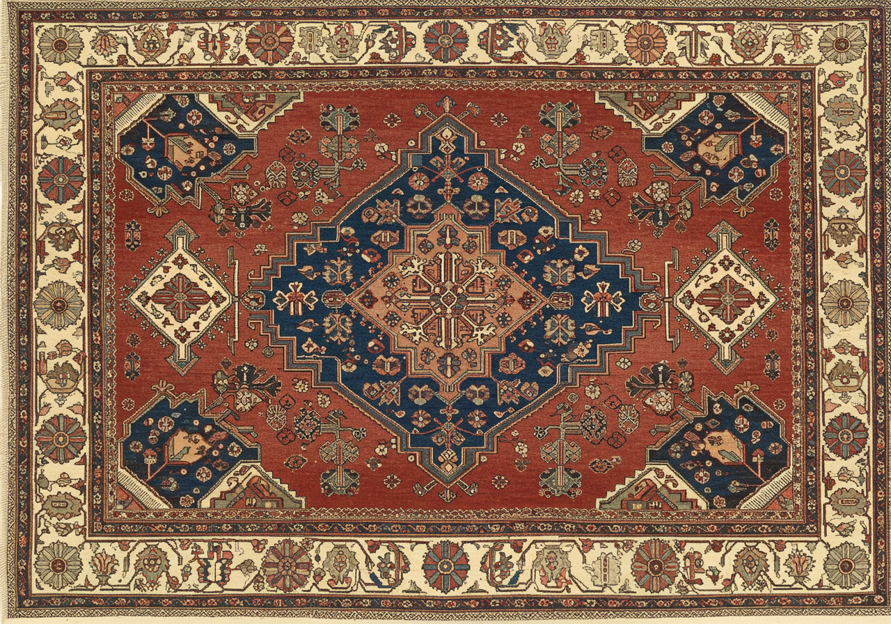 A Persian Heriz rug — the geographically nearest Persian type to the Kazak region, with stepped octagonal indigo medallion on brick-red field, ivory spandrels, walnut border, cotton foundation