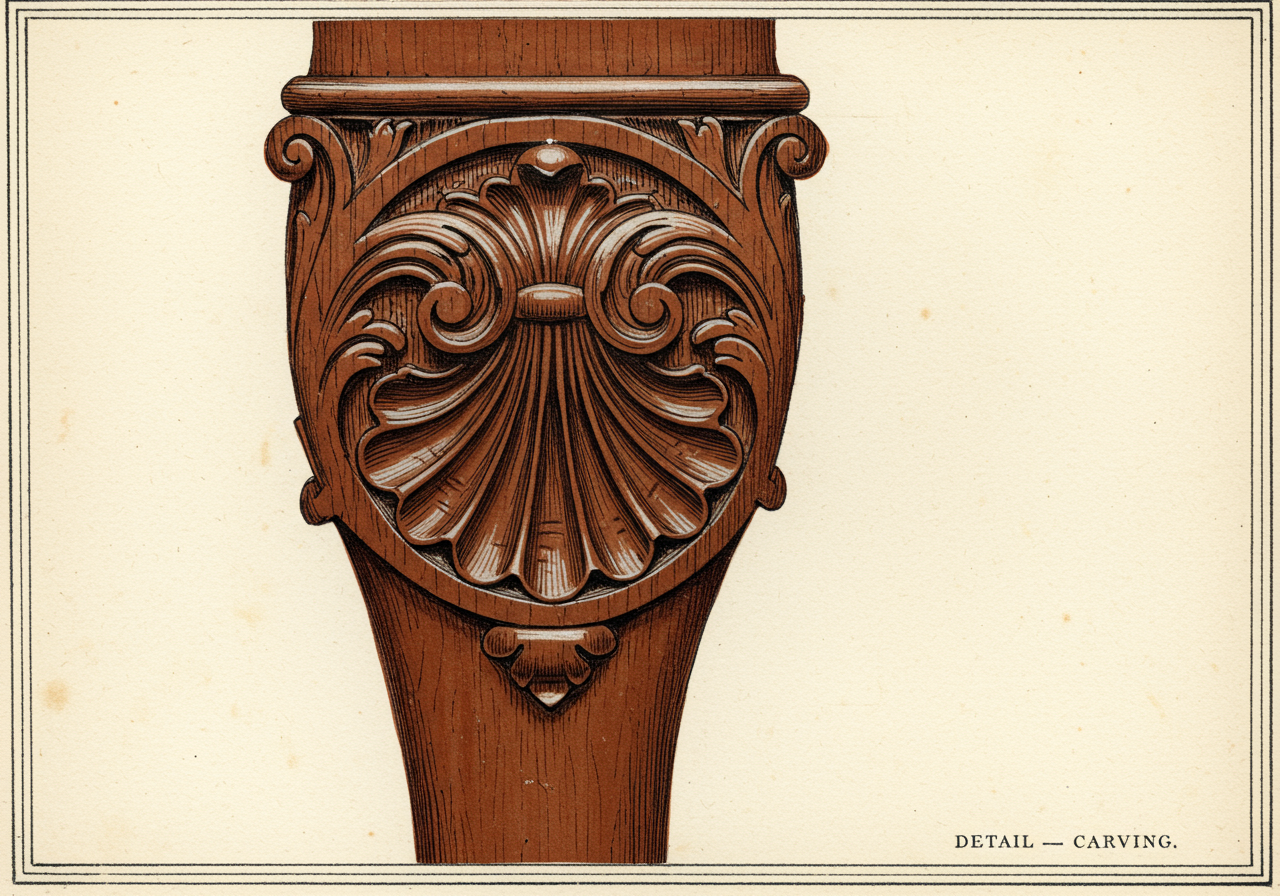A close detail of Chippendale carved acanthus and shell ornament on a chair knee — carved in solid mahogany