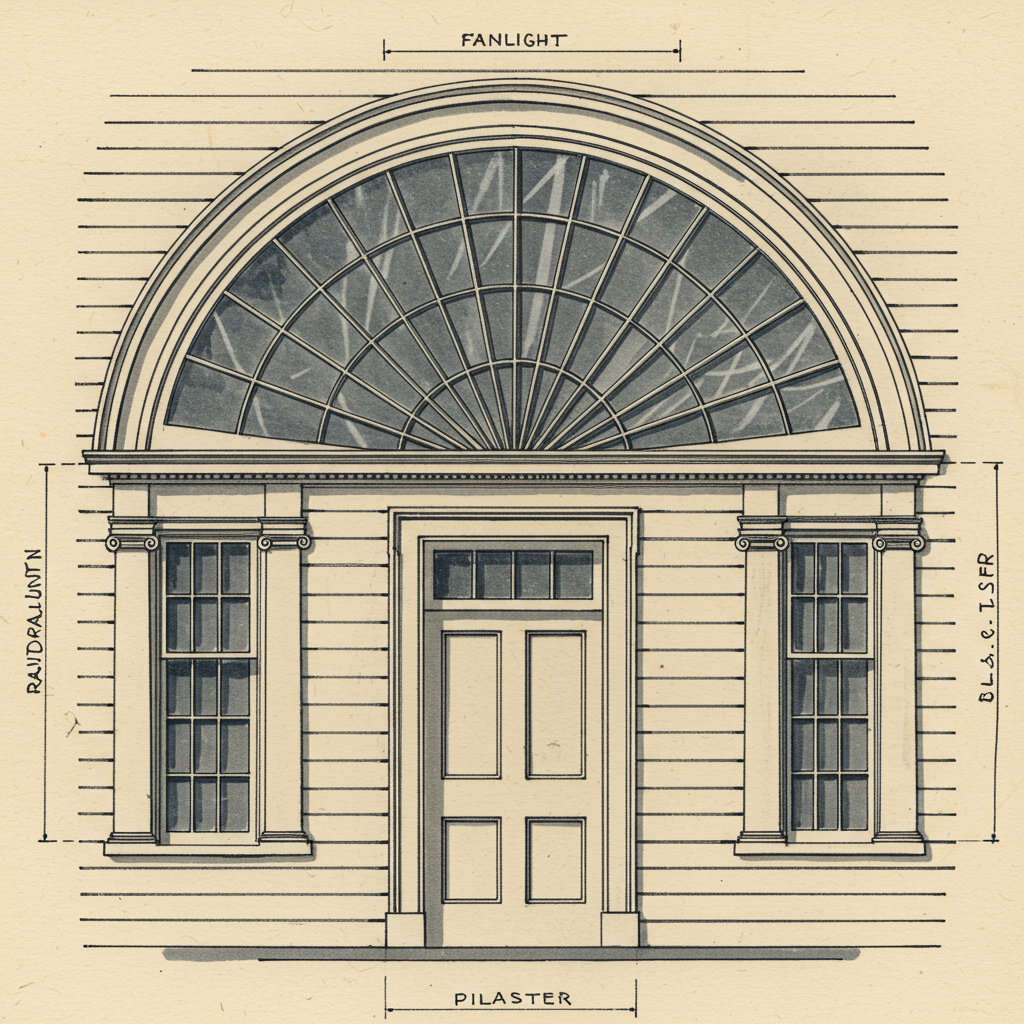Detail of a Palladian fanlight transom above a front door, with radiating muntins and flanking rectangular sidelights