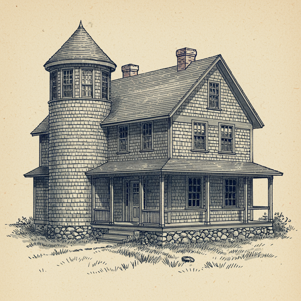 A Shingle style cottage with continuous cedar shingle skin, sweeping rooflines, and asymmetric massing