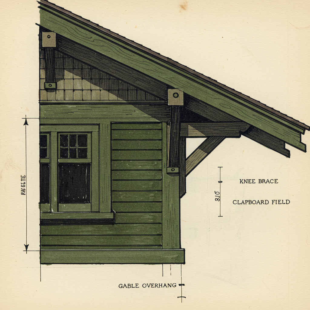 Detail of wide overhanging Craftsman eaves showing exposed rafter tails and decorative triangular knee braces