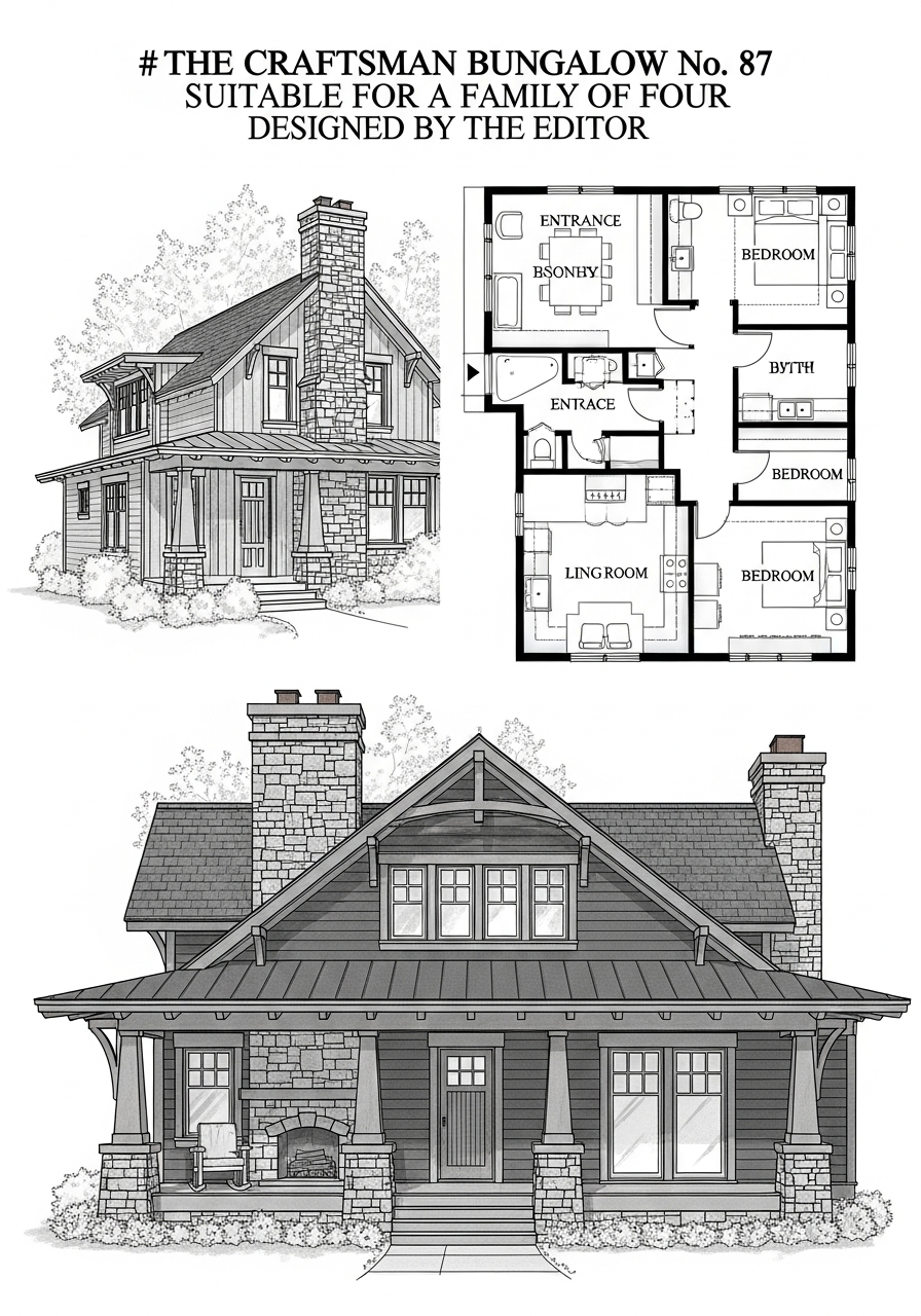 A page from Gustav Stickley's The Craftsman magazine, c. 1910, showing a Craftsman bungalow in elevation and plan with descriptive text