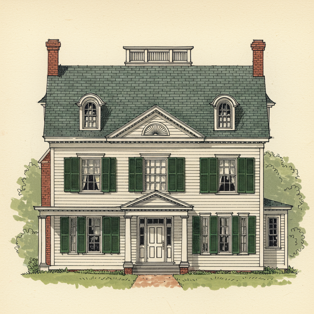 A symmetric Colonial Revival house with central pedimented portico, six-over-six sashes with shutters, and white-painted clapboard
