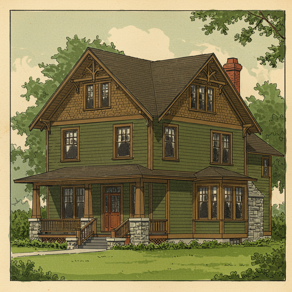 A two-storey American Foursquare with hipped roof, central dormer, and symmetric front elevation