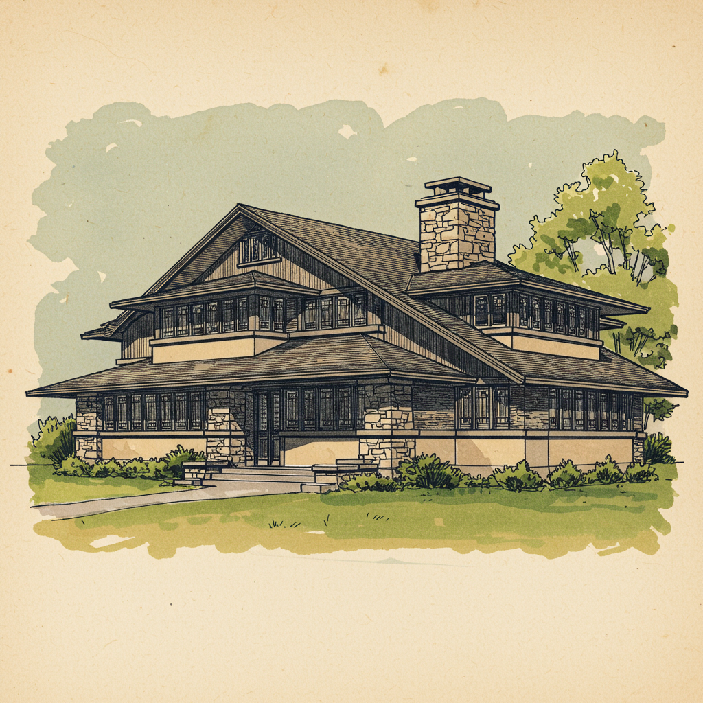 A Prairie style house with strong horizontal massing, low-pitched hipped roof, ribbon windows, and a central stone chimney