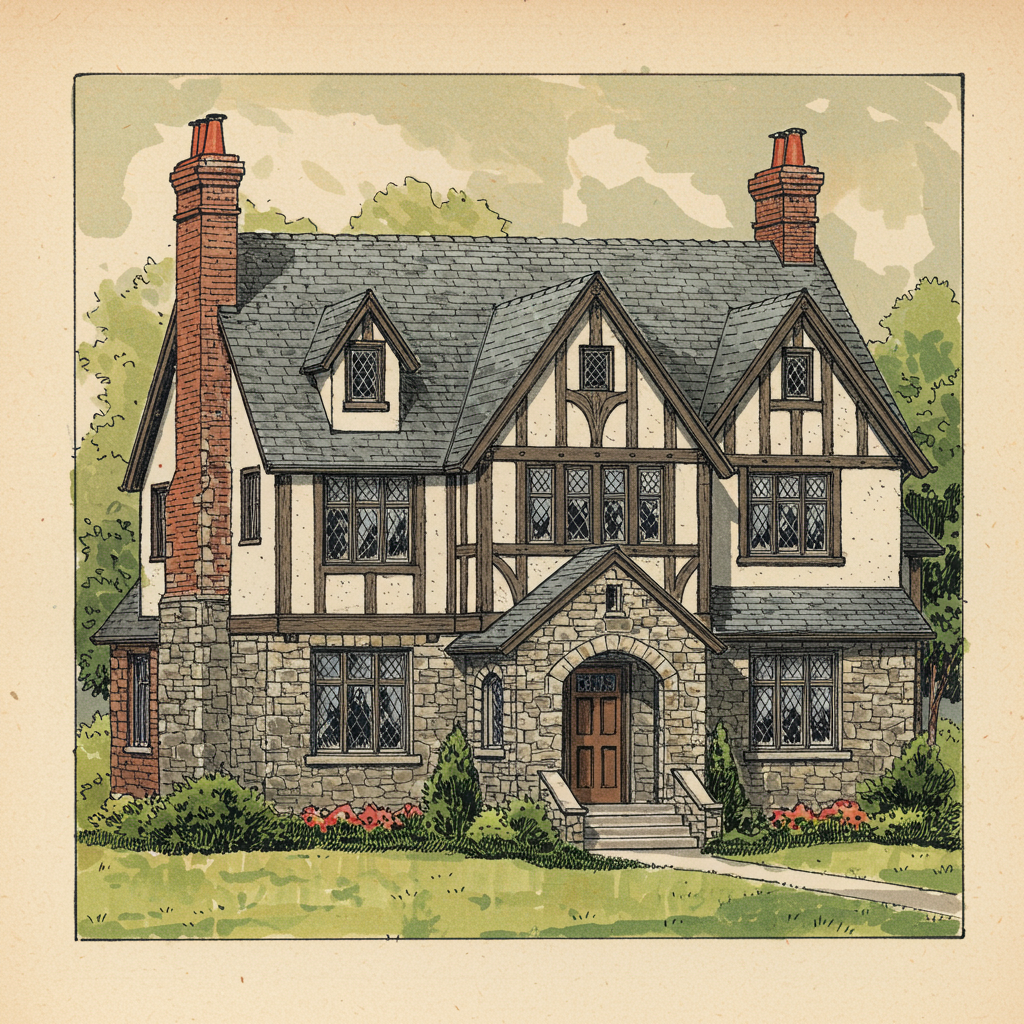 A Tudor Revival house with half-timbered upper storey, steep cross-gables, mullioned casement windows, and brick lower walls