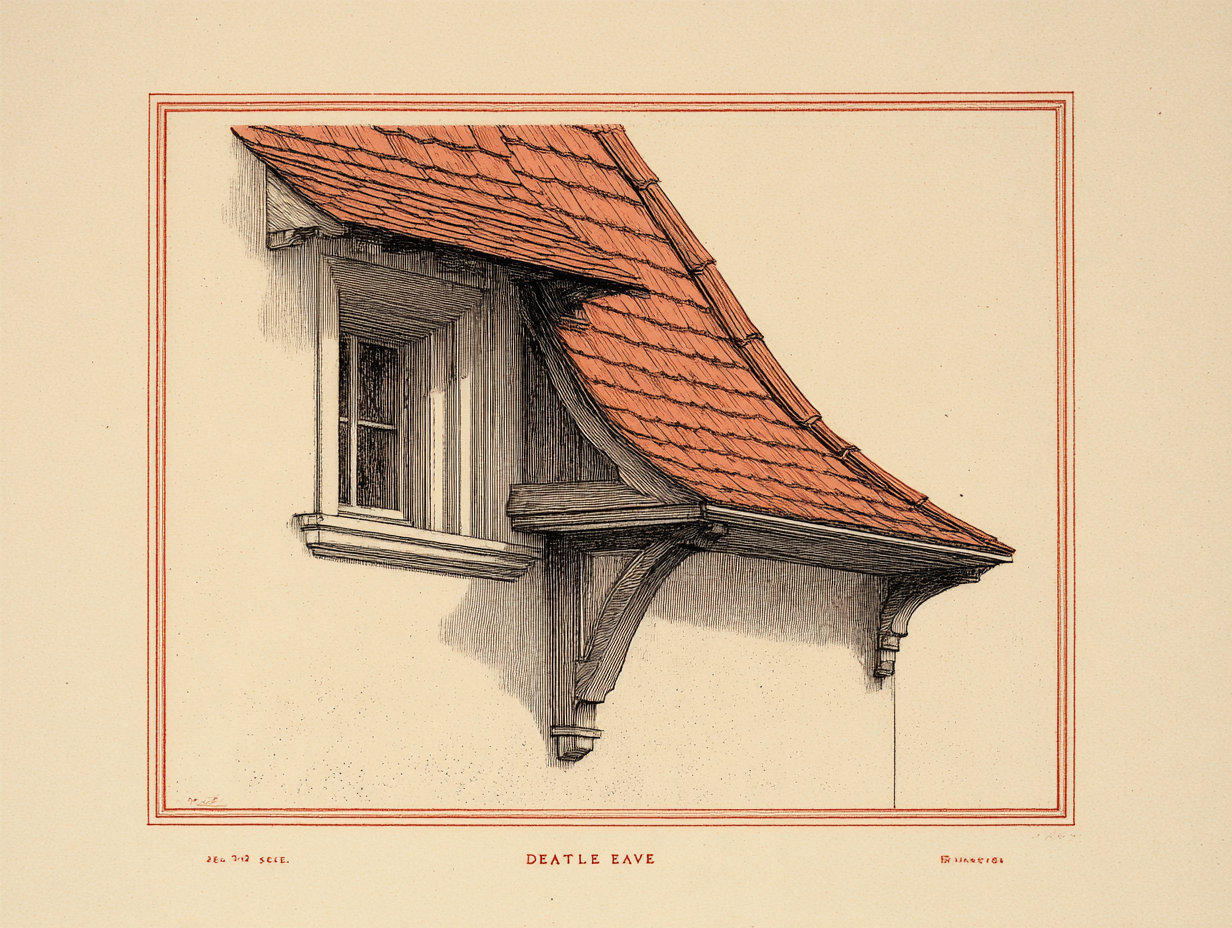 A close detail of a Dutch Colonial Revival eave — the steep lower slope of the gambrel roof turning outward in a gentle concave flare where it meets the wall, the last foot or two of the roof curving up and away to project as a small overhang above the windows, the curve soft and sprung, the shingled roof surface meeting a plain clapboard wall below