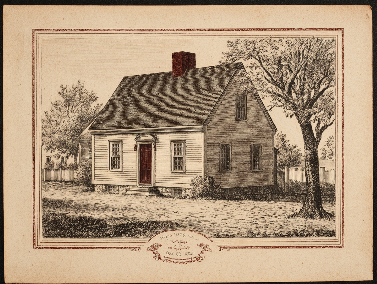 A Cape Cod house — a compact one-and-a-half-storey symmetric cottage under a simple steep gable roof at a single pitch, a central chimney at the ridge, two small gabled dormers set in a symmetric pair into the front roof slope, six-over-six sash windows flanking a centred door, uniform clapboard walls