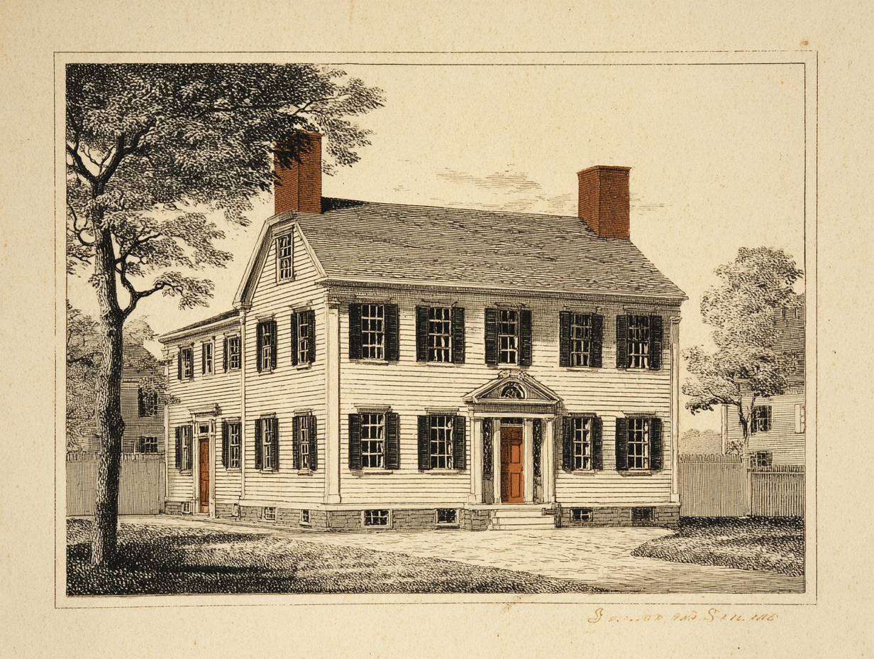 A Colonial Revival house — a full two-storey symmetric clapboard or brick house under a simple side-gabled roof, a centred entrance with a classical portico and fanlight, evenly ranked multi-pane sash windows, an elaborate cornice, the Georgian-derived mainstream of the revival