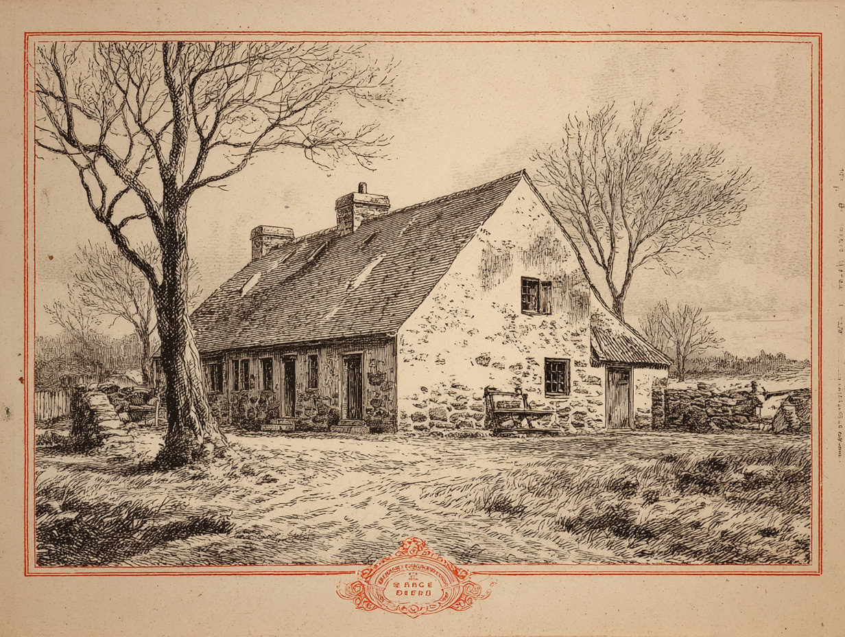 A genuine seventeenth- or eighteenth-century New Netherland farmhouse — a low storey-and-a-half house built of rough fieldstone, ground-hugging, with a gambrel roof whose lower slope flares out in a deep emphatic kick far enough to cover a long full-width front porch, small windows set in thick masonry walls, the authentic Hudson valley and New Jersey colonial Dutch article