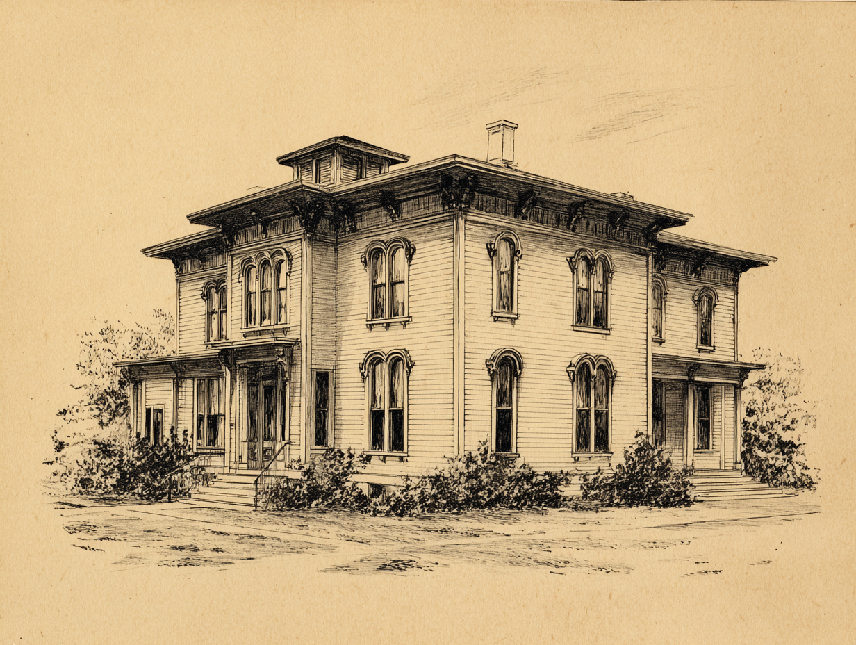 An Italianate house — a square low-hipped-roofed two-storey house, deep eaves supported on paired sawn wooden brackets, tall narrow round-arched windows under heavy hood molds, a centred cupola on the roof