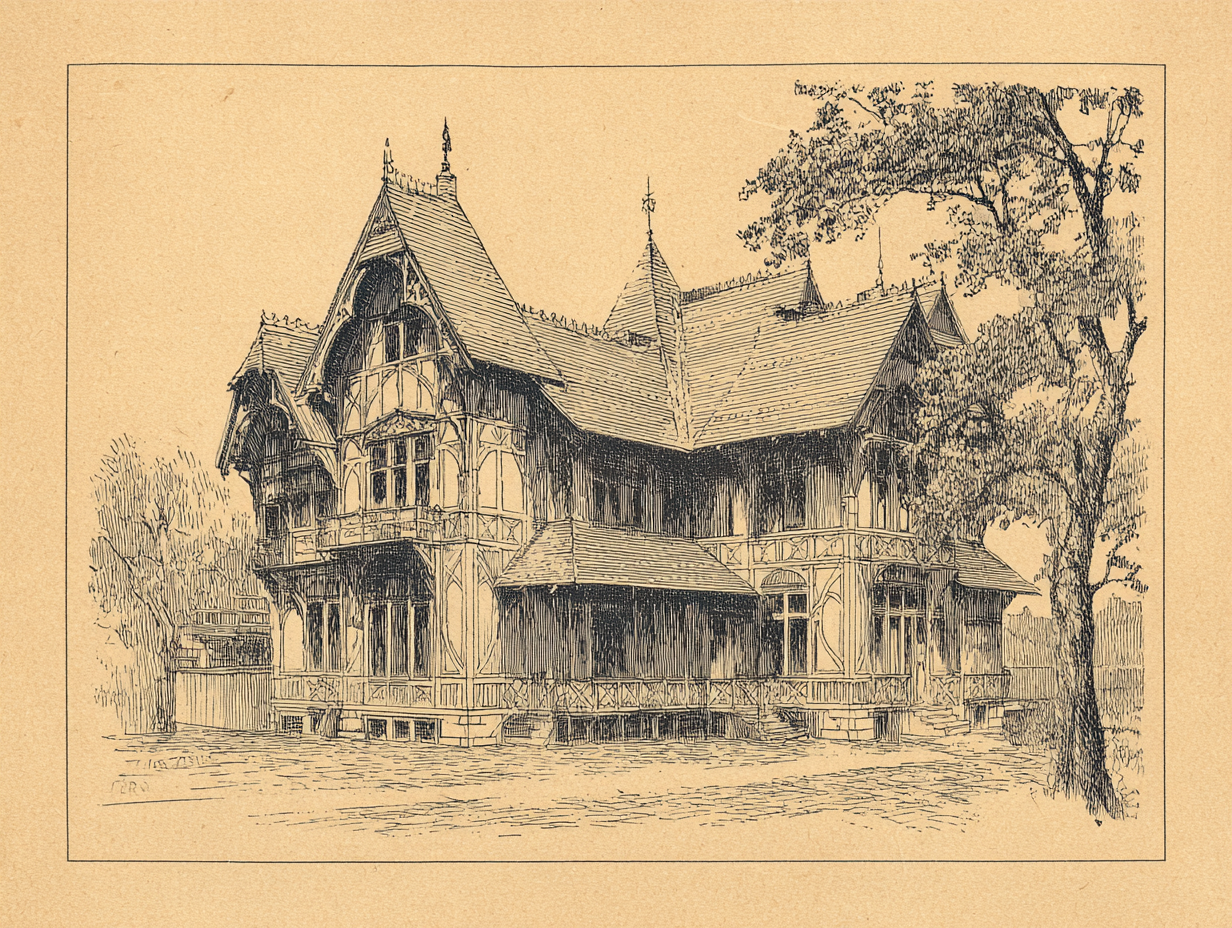 A Stick style house — steep gabled roof, decorative gable truss in the peak, applied vertical horizontal and diagonal sticks across the wall plane forming a sketched-in timber frame, knee braces under the projecting eaves, plain horizontal clapboard underneath, muted earth-tone polychrome