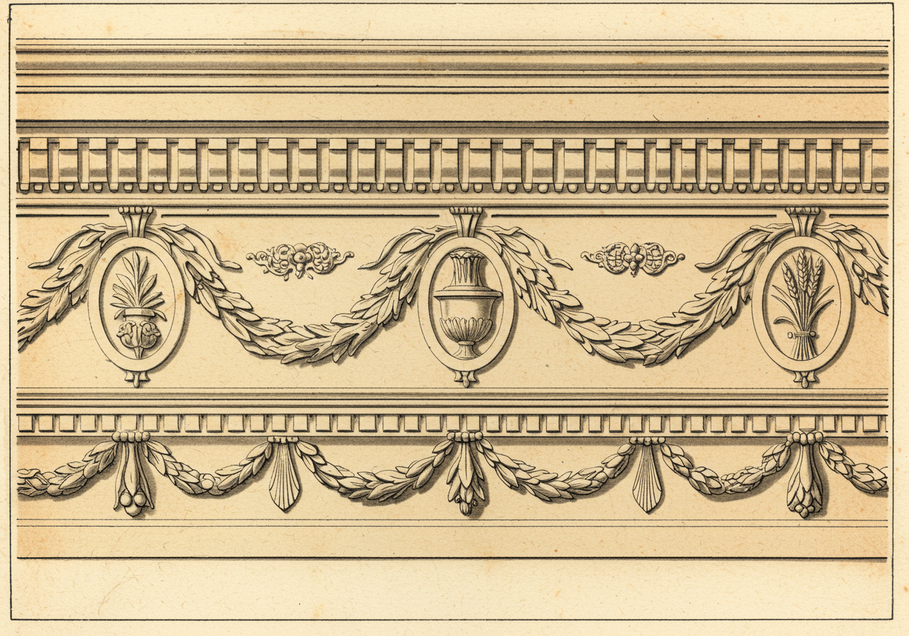 A close detail of Federal ornament — a slender mantelpiece and overdoor carved in very low relief with swags of husks, oval paterae, urns, and garlands, the carving shallow and delicate and finely attenuated, the figures stretched thin against a smooth plaster ground