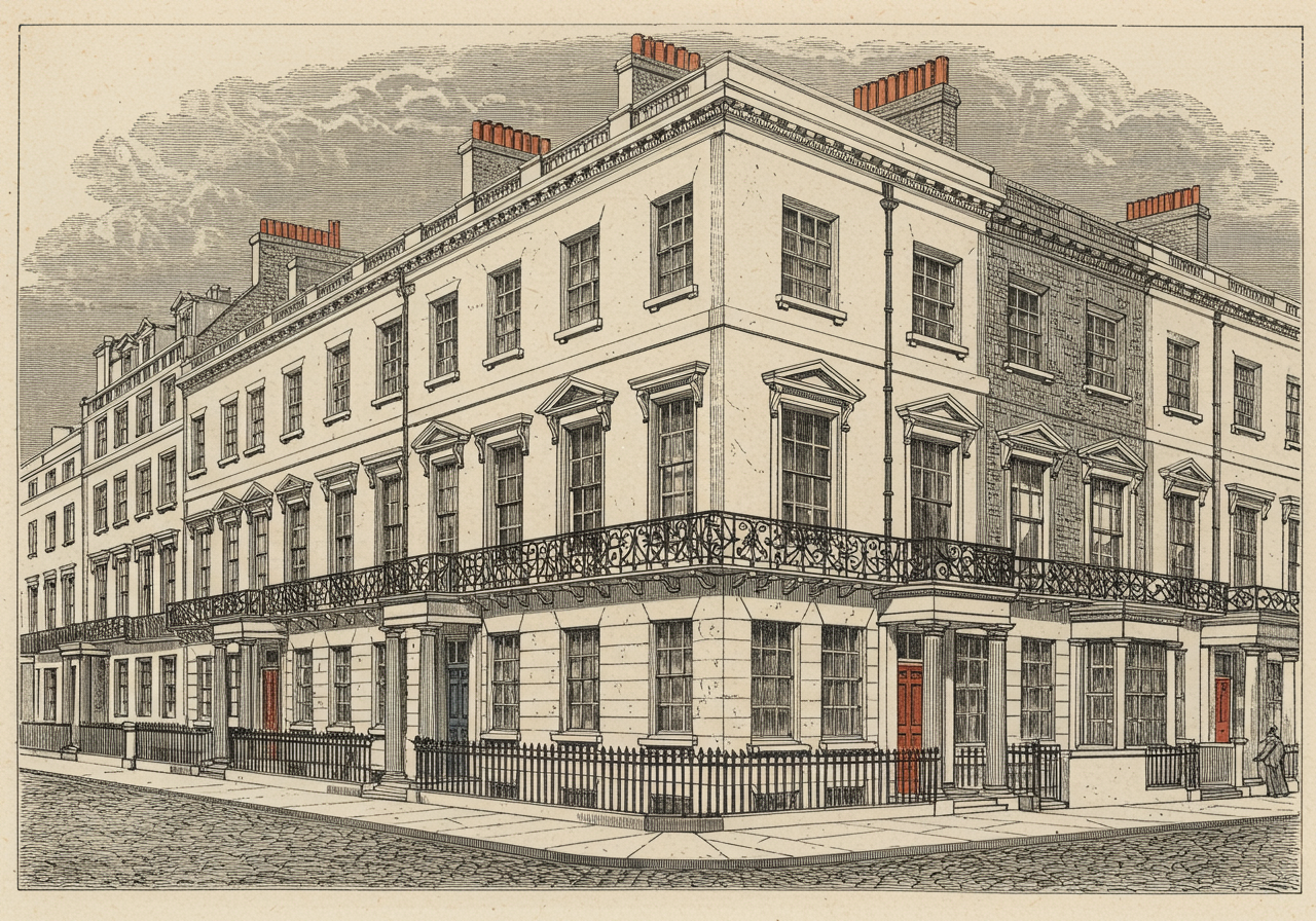 An English Adam-style town house — a flat brick or stuccoed terrace front in the manner of Robert Adam, strictly symmetrical with delicate attenuated neoclassical ornament, fanlit doorways and slender iron balconies, in the urban terraced manner of late-eighteenth-century London, Edinburgh, and Bath