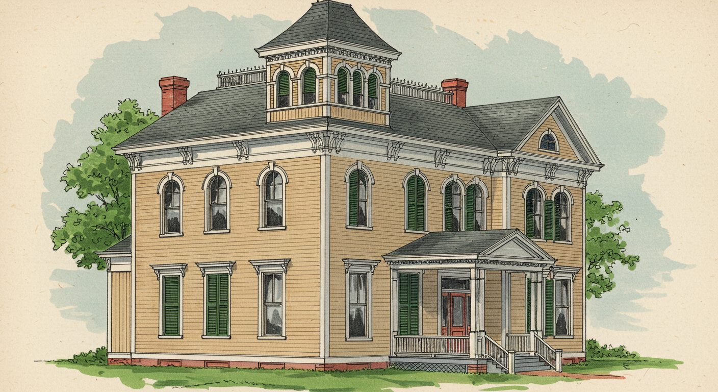 An Italianate cube of the 1860s with low hipped roof, broad eaves, bracketed cornice, central cupola, and a square two-storey plan