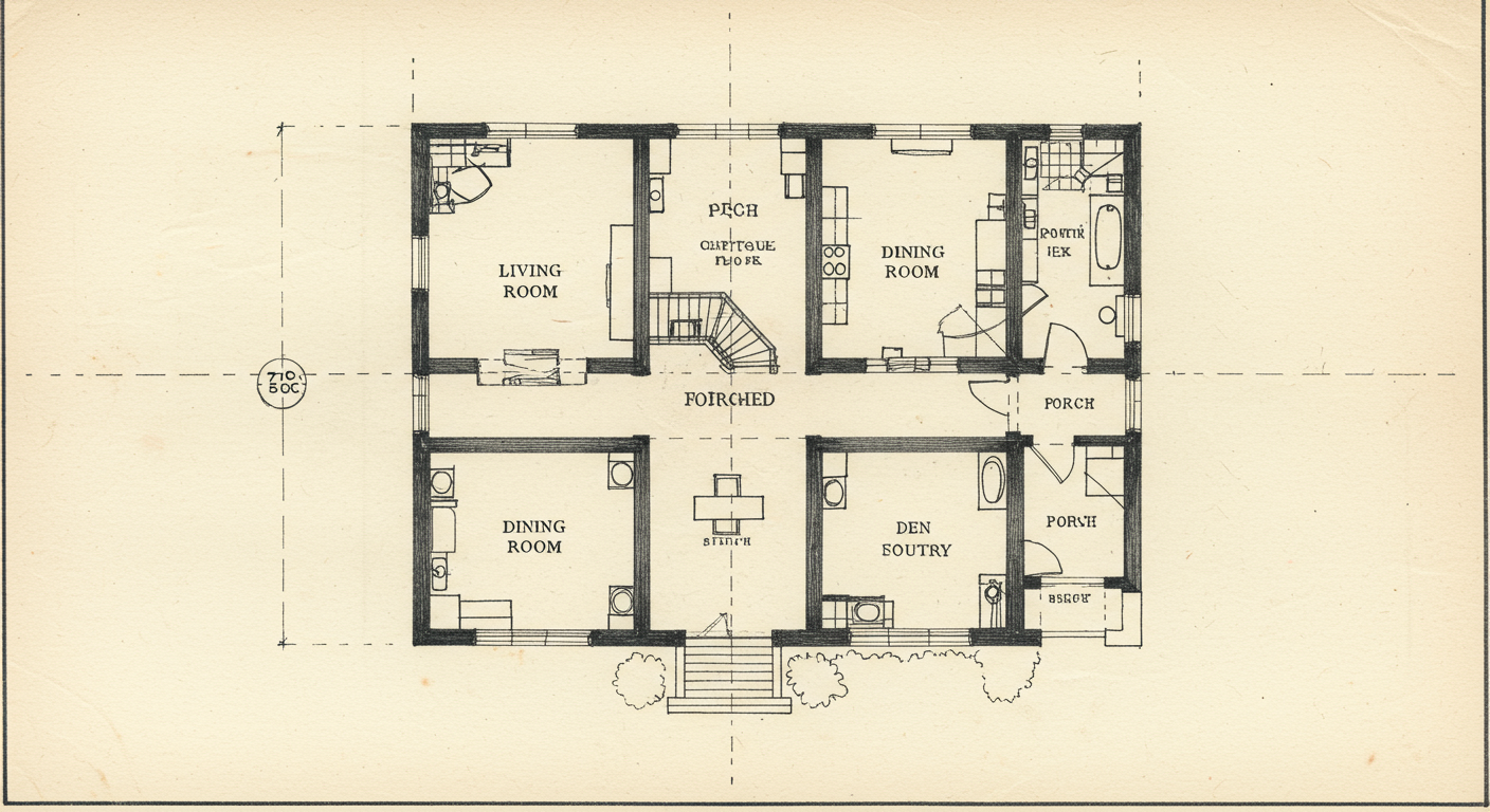 Floor plan of an American Foursquare — square footprint with four rooms downstairs (living, dining, kitchen, study or den), central staircase, and four rooms upstairs