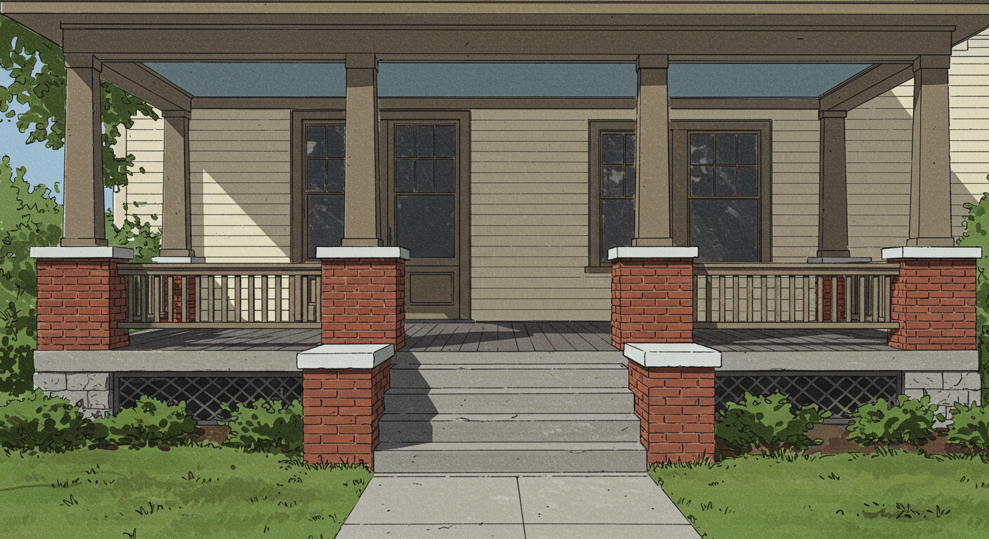 A full-width front porch on a Foursquare with tapered Craftsman-style posts on brick piers, a low shed roof returning into the main house at the first storey, and a wide central staircase to a deep landing