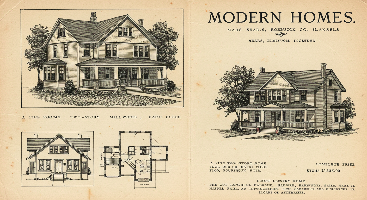 A page from a Sears Modern Homes catalogue of c. 1918 showing a Foursquare design — perspective view, elevation, plan, and pricing for a complete kit shipped by rail