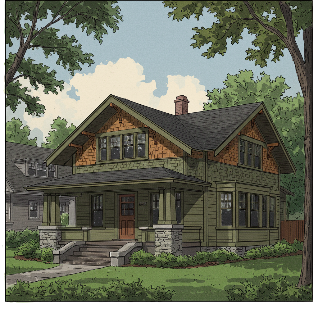 A Craftsman bungalow with low-pitched front-gabled roof, exposed rafter tails, knee braces, and a wide porch on tapered posts on stone piers
