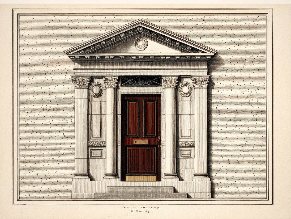 A close detail of a Georgian Colonial front entrance — a panelled front door set on the centre line of the facade, framed on either side by classical pilasters or slender engaged columns standing on moulded plinths, the whole crowned by a projecting pediment, triangular or segmental or broken, sometimes with a rectangular transom of small panes set above the door beneath the crown