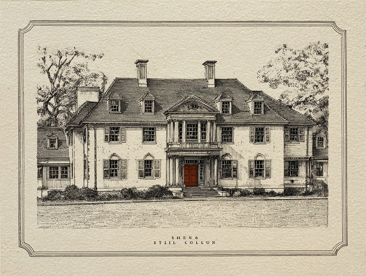 A Colonial Revival house — a symmetrical multi-bay front recalling the Georgian, but larger in scale, with broader windows and a freely combined and abundant assortment of borrowed elements — a pedimented doorway, a Palladian window, columned porticoes, ranks of dormers — machine-made and crisply regular, built on a turn-of-the-twentieth-century suburban scale