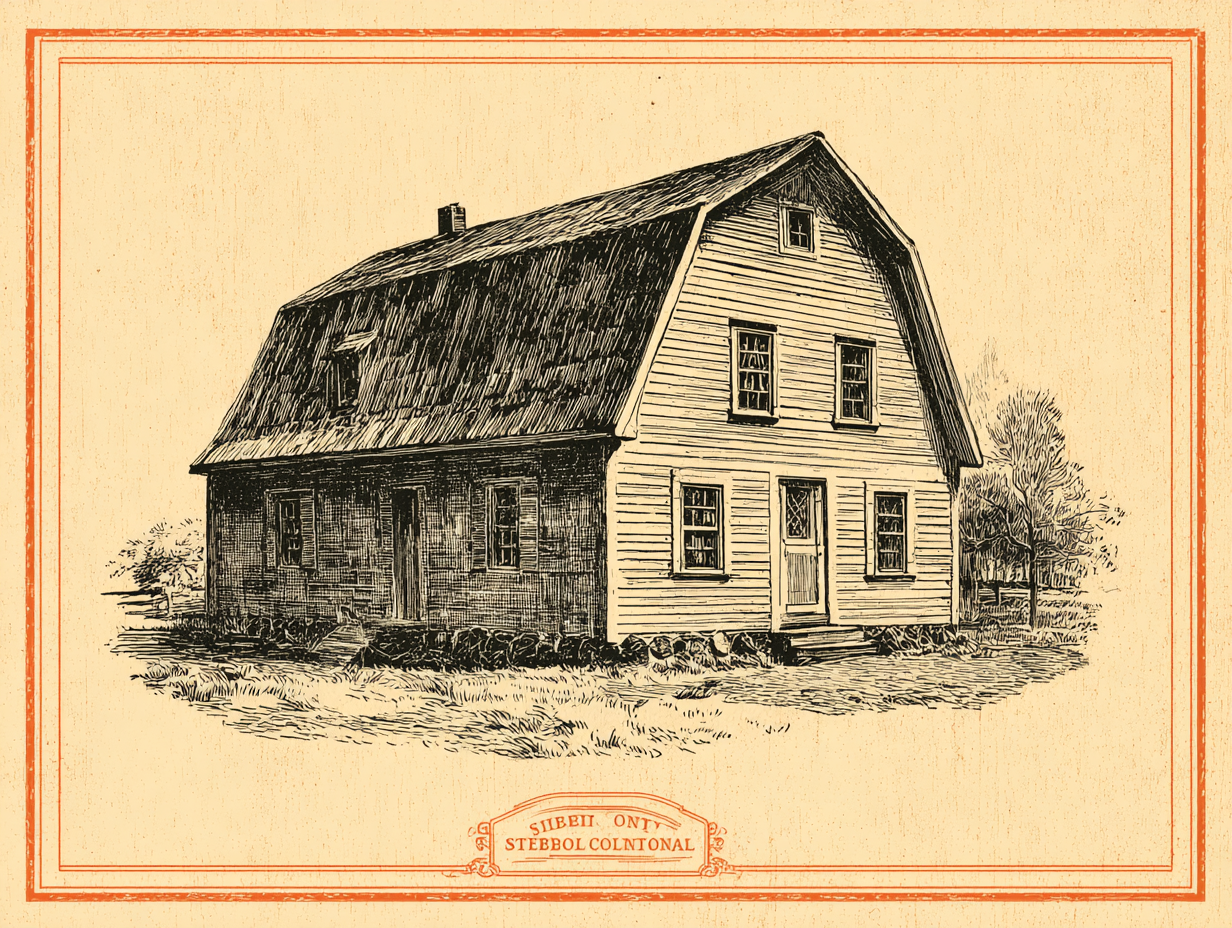 A Dutch Colonial house — a colonial house of New Netherland, the Hudson valley and northern New Jersey, distinguished by its broad gambrel roof of two pitches per side, the lower slope long and often flaring outward into a deep overhanging eave, sometimes a centred door but without the rigorous classical symmetry and detail of the Georgian