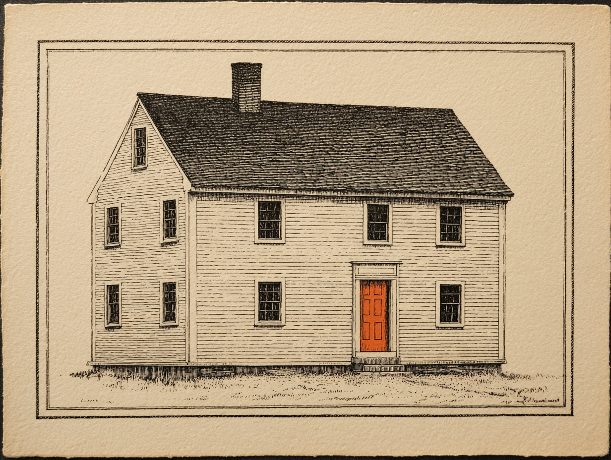A First Period house — a plain two-storey seventeenth-century New England timber-framed house, its front loosely and asymmetrically arranged, organised around a single massive central chimney rising from the centre of a steep gable roof, small few-paned windows irregularly placed, a plain board door, no classical ornament of any kind