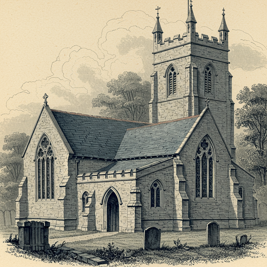 A medieval English Gothic parish church, c. 1300, in stone with pointed-arch windows and tracery
