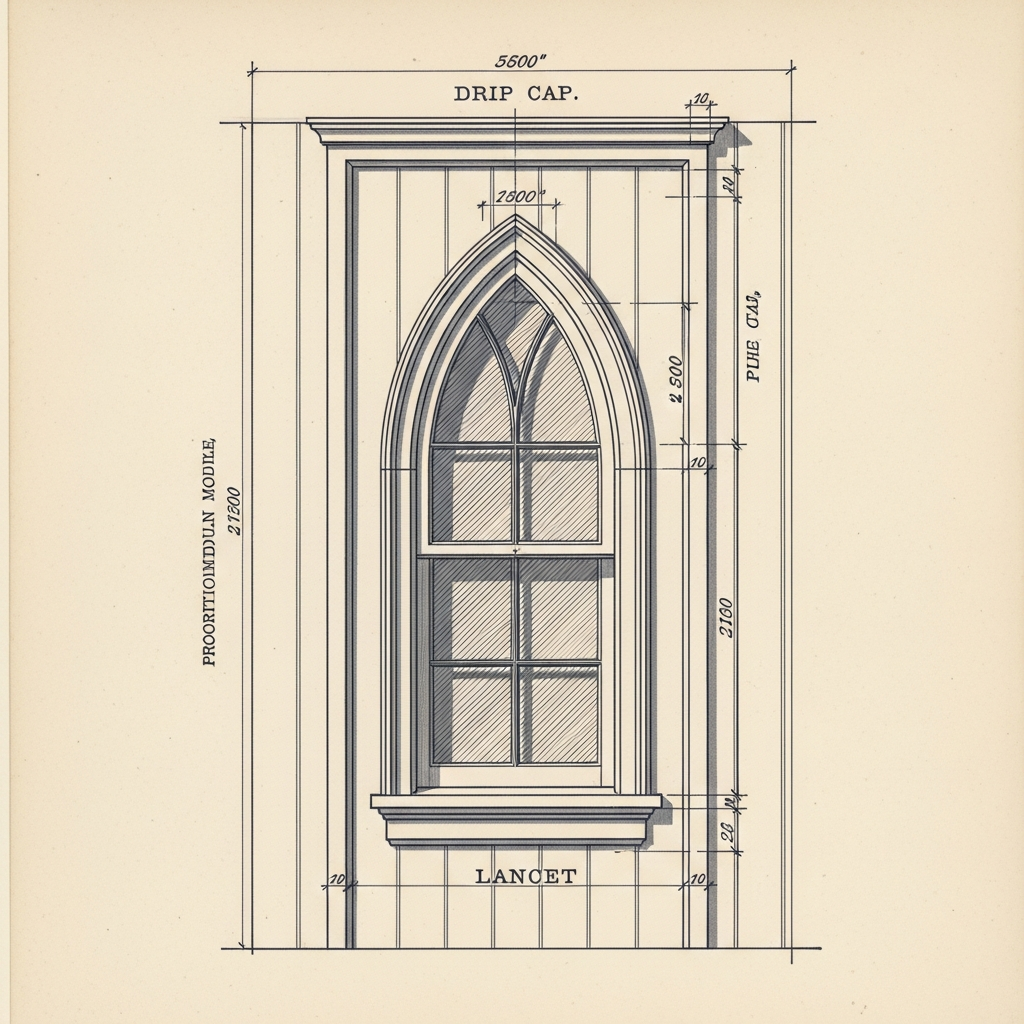 Detail of a tall narrow Gothic Revival pointed-arch lancet window