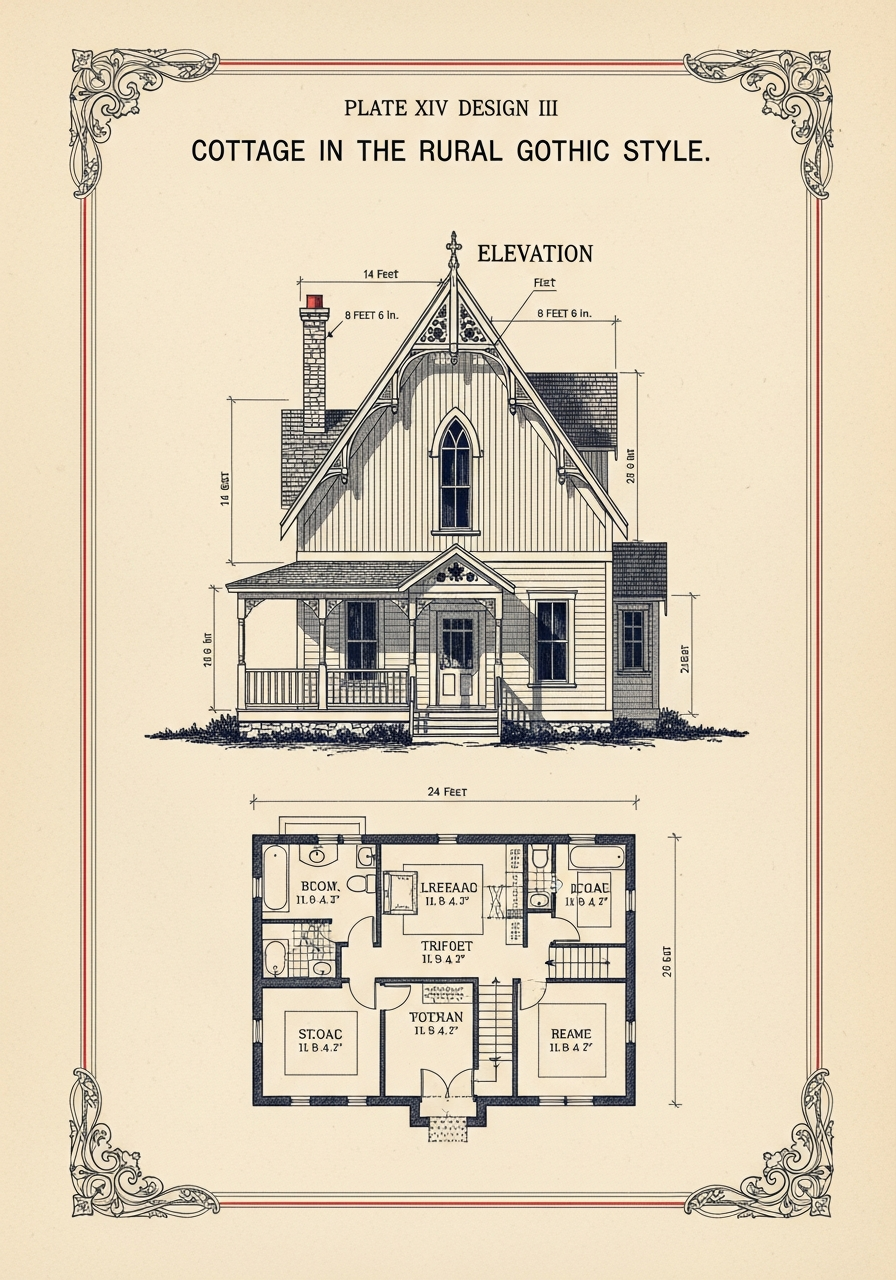A plate from A. J. Downing's The Architecture of Country Houses showing a Gothic Revival cottage in elevation and plan