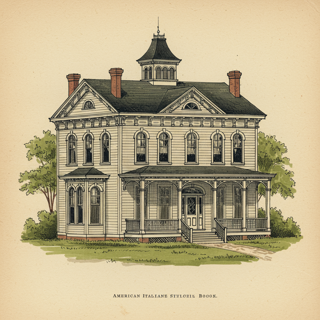 An Italianate house with low-pitched roof and bracketed cornice