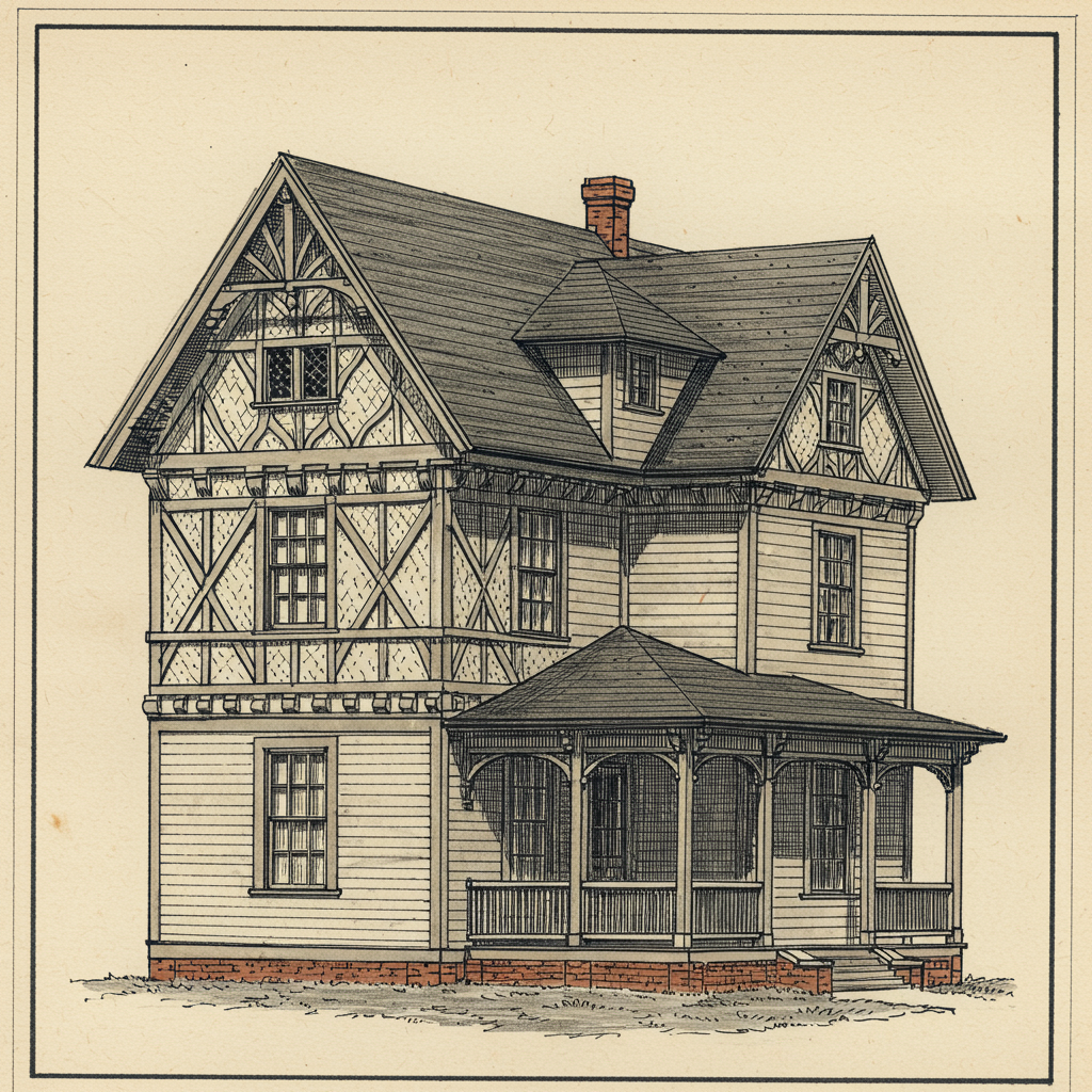 A Stick style house with exposed decorative timber framing