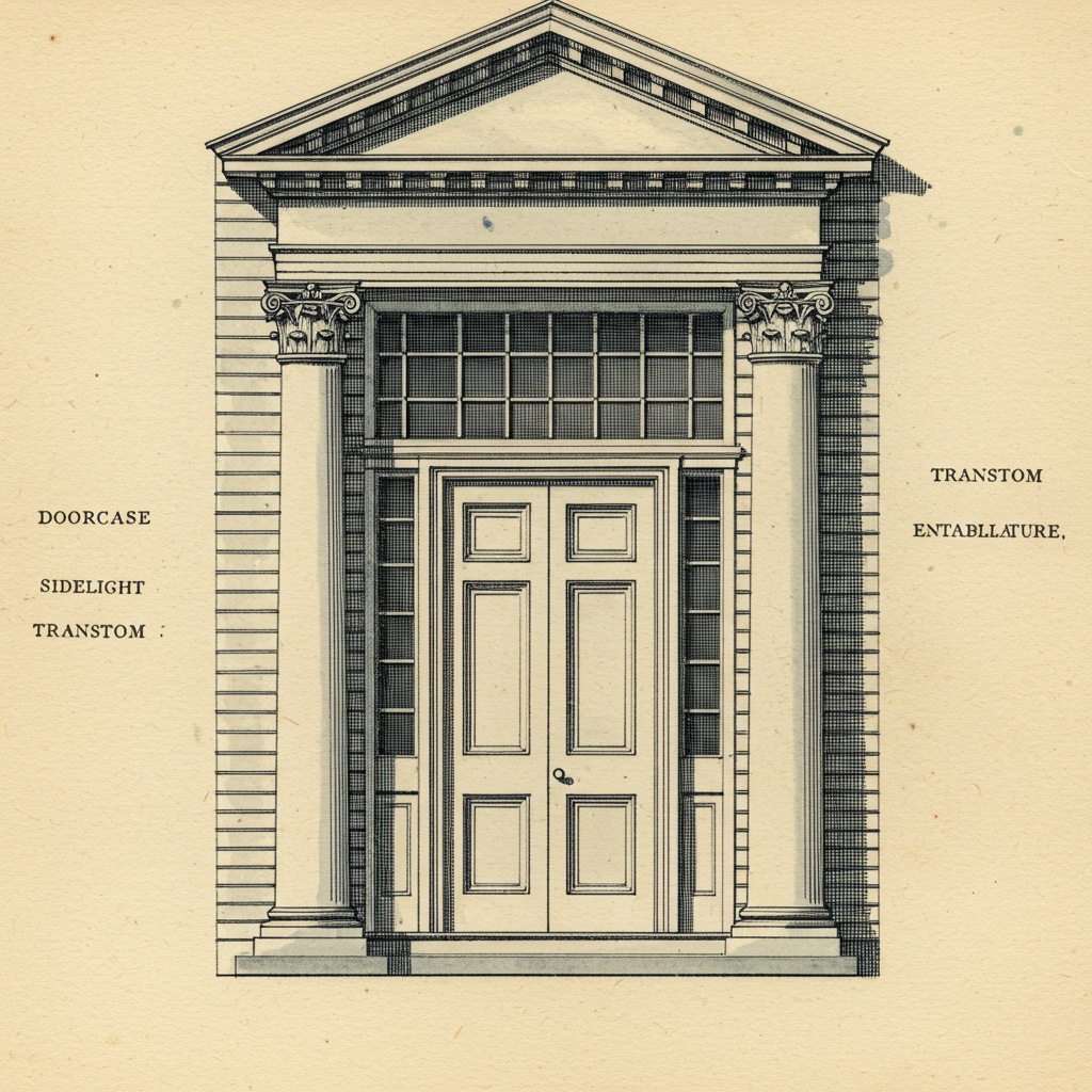 Detail of a Greek Revival doorway with pilasters, sidelights, transom, and entablature