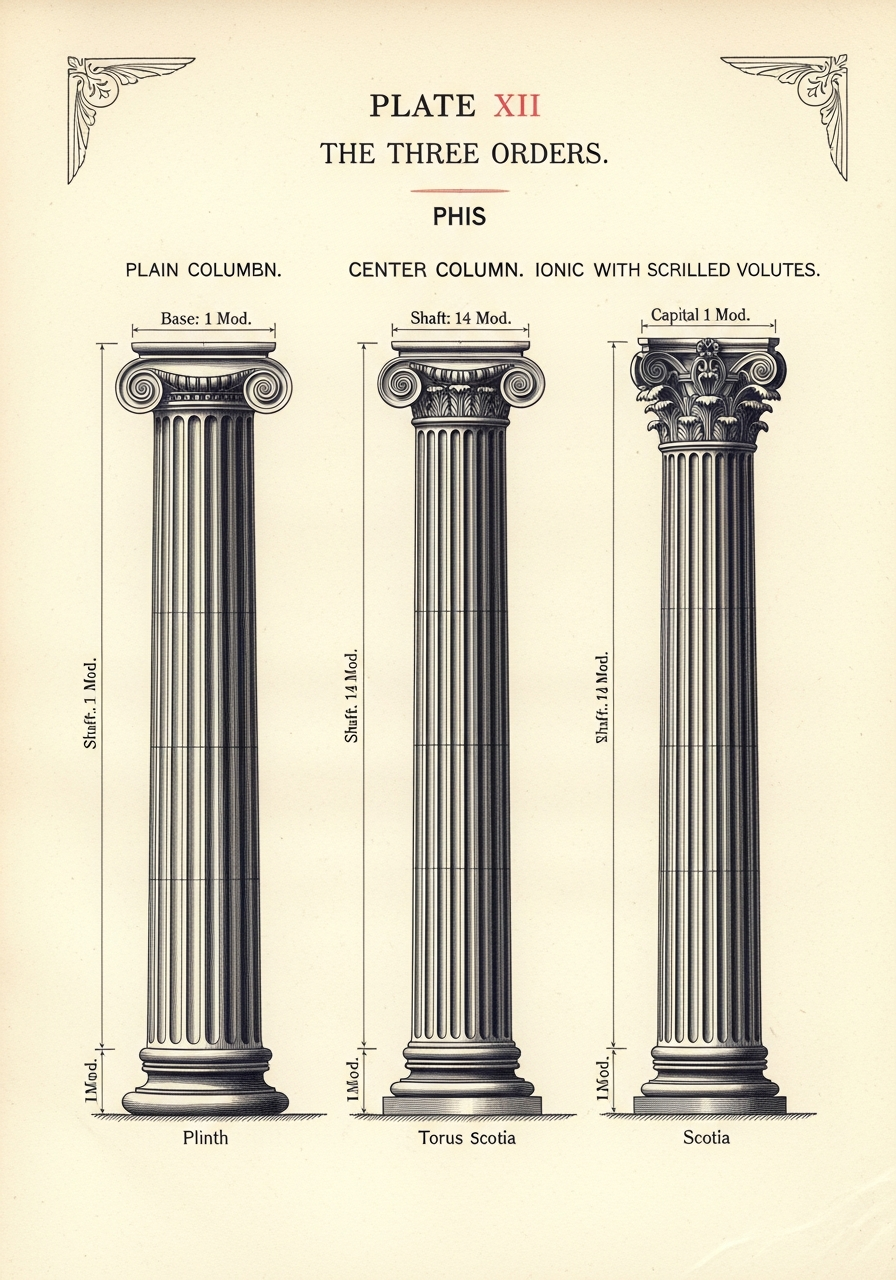 A plate from Asher Benjamin's American Builder's Companion showing the three classical orders